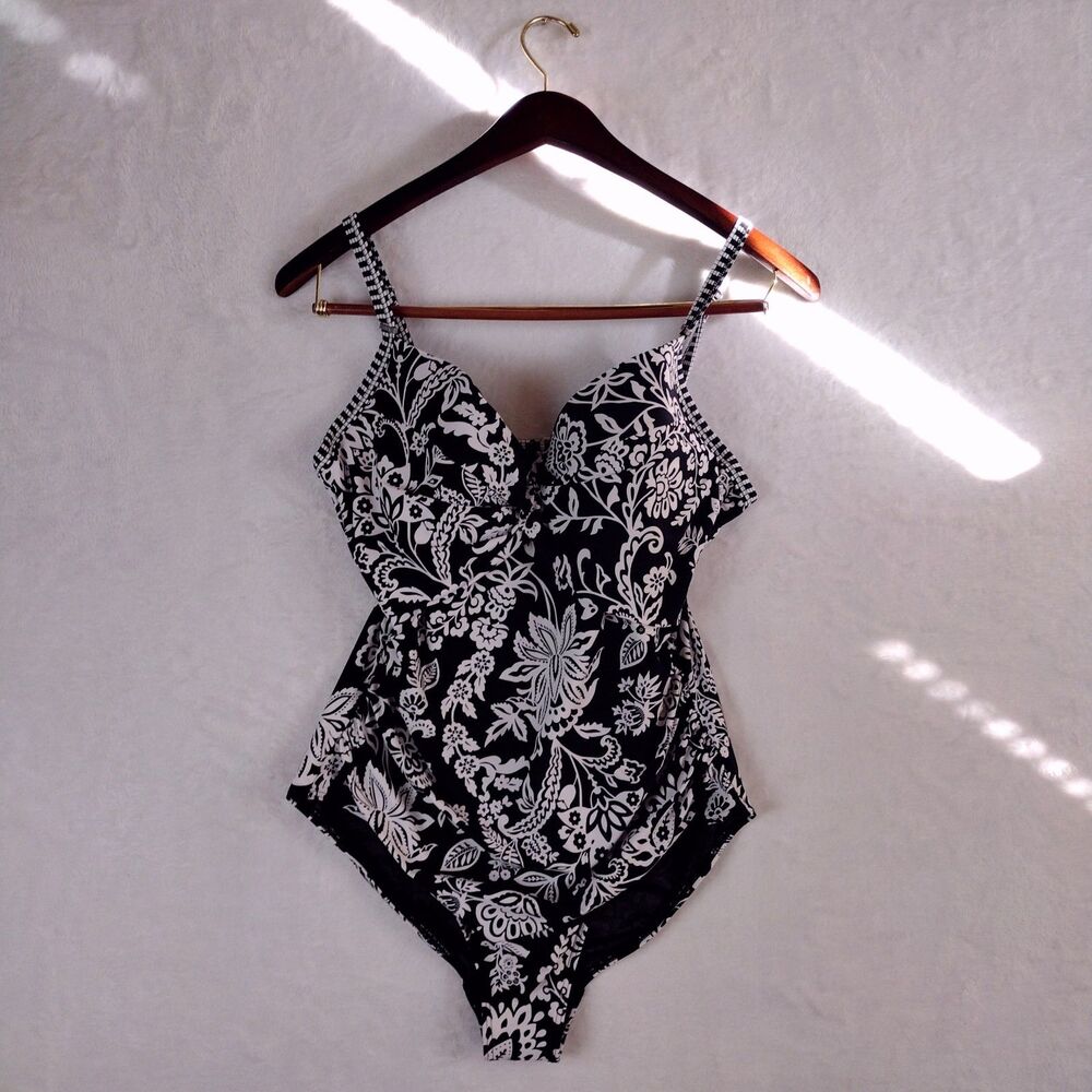 Sea Level Australia Floral Underwire One Piece Swimsuit Black White US 12